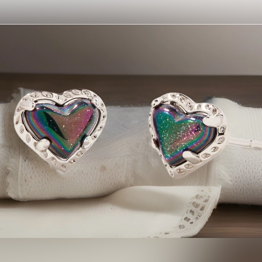 Kendra Scott Anna Heart Stud Earrings Navy Iridescent Rhodium Silver Tone NWT - Picture 5 of 7